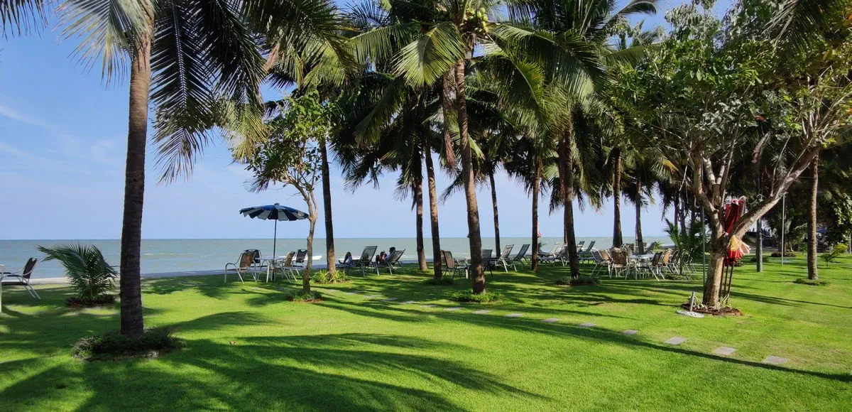 ทางลงชายหาดโดยตรงจากพูลวิลล่าชะอำ พร้อมเก้าอี้อาบแดดและต้นปาล์ม
